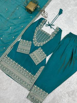 Teal blue sequence dori zari embroidered nc vichitra silk kurta farshi shalwar set with dupatta 5