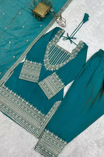 Teal blue sequence dori zari embroidered nc vichitra silk kurta farshi shalwar set with dupatta