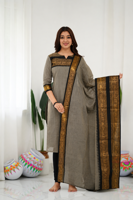 Cream jaquard  kanchi cotton kurti dupatta set 3
