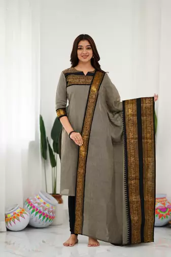 Cream jaquard  kanchi cotton kurti dupatta set