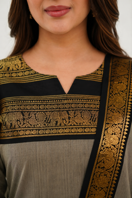 Cream jaquard  kanchi cotton kurti dupatta set 4