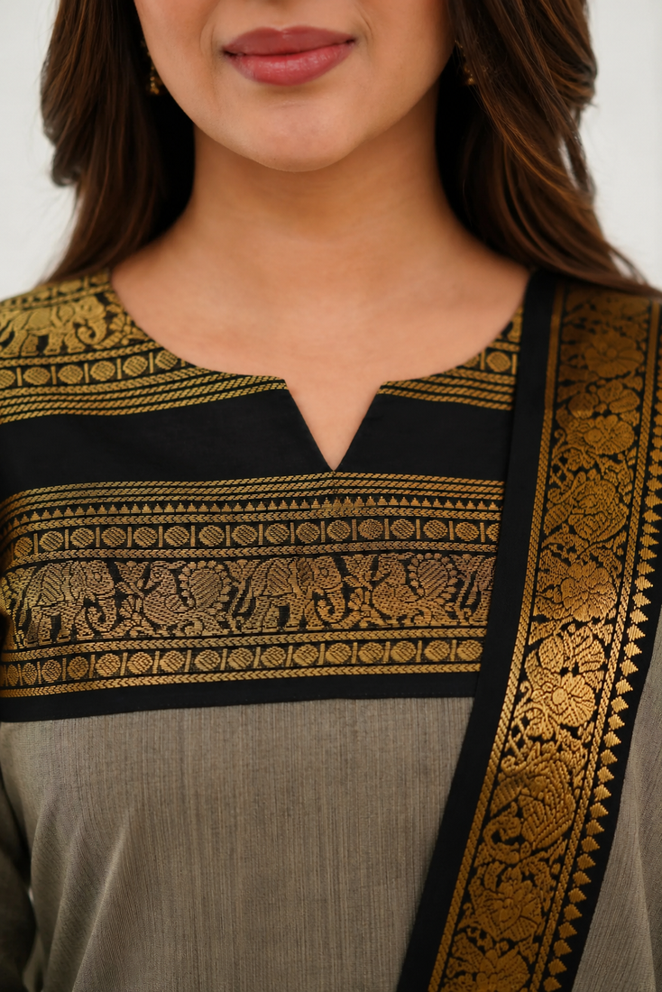 Cream jaquard  kanchi cotton kurti dupatta set
