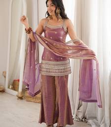 Dusty mauve sequence dori zari embroidered frendy silk kurta with bell bottom pant and dupatta