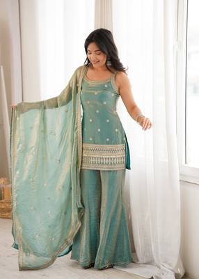 Sea green sequence dori zari embroidered frendy silk kurta with bell bottom pant and dupatta 2