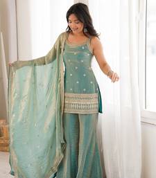 Sea green sequence dori zari embroidered frendy silk kurta with bell bottom pant and dupatta
