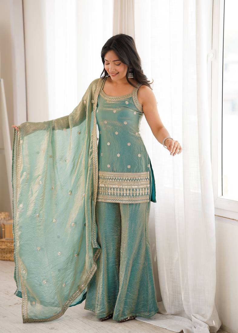 Sea green sequence dori zari embroidered frendy silk kurta with bell bottom pant and dupatta
