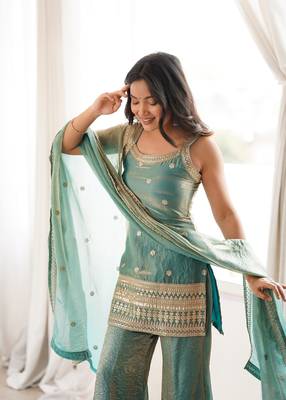 Sea green sequence dori zari embroidered frendy silk kurta with bell bottom pant and dupatta 3