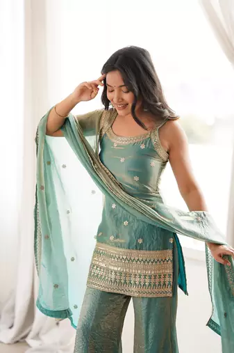 Sea green sequence dori zari embroidered frendy silk kurta with bell bottom pant and dupatta