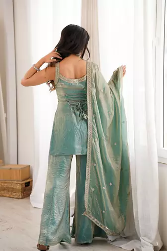 Sea green sequence dori zari embroidered frendy silk kurta with bell bottom pant and dupatta
