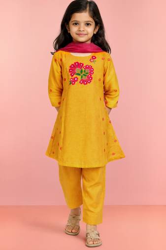 Girls mustard mul chanderi kurta set with pink dupatta | resham & applique embroidery | festive 3-piece