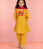 Girls mustard mul chanderi kurta set with pink dupatta | resham & applique embroidery | festive 3-piece