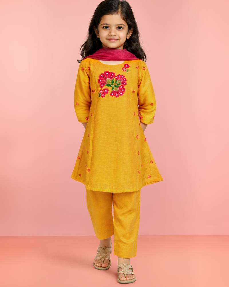 Girls mustard mul chanderi kurta set with pink dupatta | resham & applique embroidery | festive 3-piece