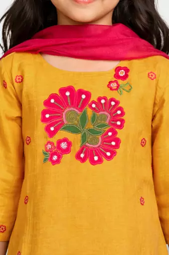 Girls mustard mul chanderi kurta set with pink dupatta | resham & applique embroidery | festive 3-piece
