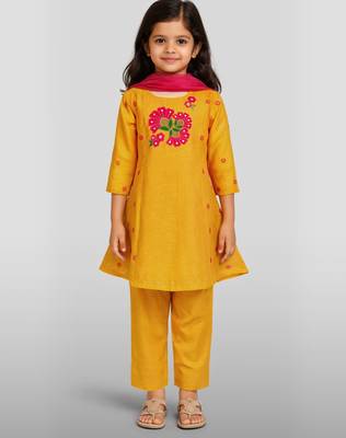 Girls mustard mul chanderi kurta set with pink dupatta | resham & applique embroidery | festive 3-piece 3