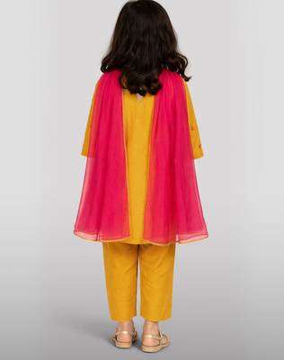 Girls mustard mul chanderi kurta set with pink dupatta | resham & applique embroidery | festive 3-piece 4