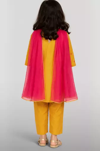 Girls mustard mul chanderi kurta set with pink dupatta | resham & applique embroidery | festive 3-piece