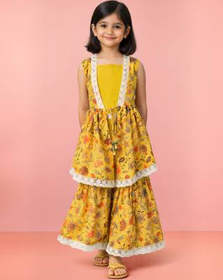 Girls yellow cotton schiffli digital floral blouse jacket with sharara set 1