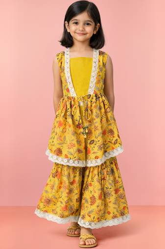 Girls yellow cotton schiffli digital floral blouse jacket with sharara set