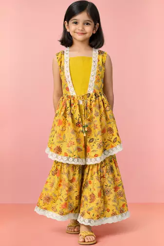 Girls yellow cotton schiffli digital floral blouse jacket with sharara set