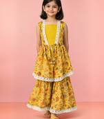 Girls yellow cotton schiffli digital floral blouse jacket with sharara set