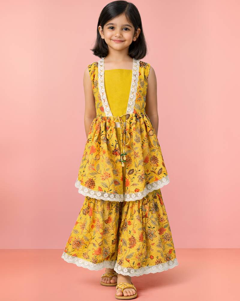 Girls yellow cotton schiffli digital floral blouse jacket with sharara set