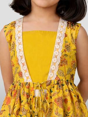 Girls yellow cotton schiffli digital floral blouse jacket with sharara set 2