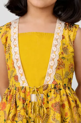 Girls yellow cotton schiffli digital floral blouse jacket with sharara set