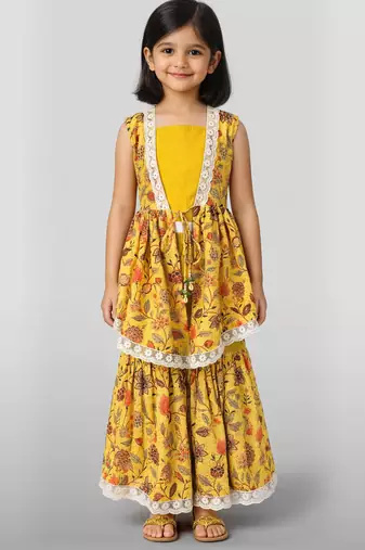 Girls yellow cotton schiffli digital floral blouse jacket with sharara set