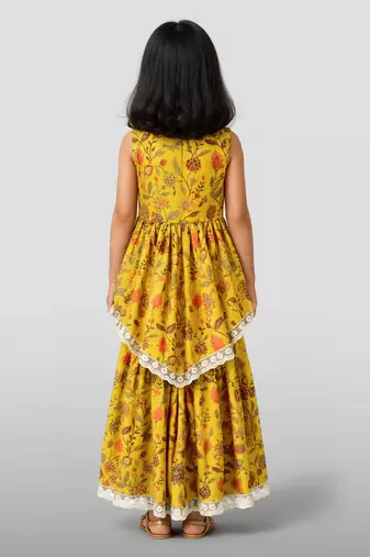 Girls yellow cotton schiffli digital floral blouse jacket with sharara set