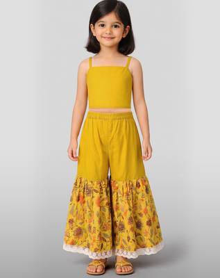 Girls yellow cotton schiffli digital floral blouse jacket with sharara set 5