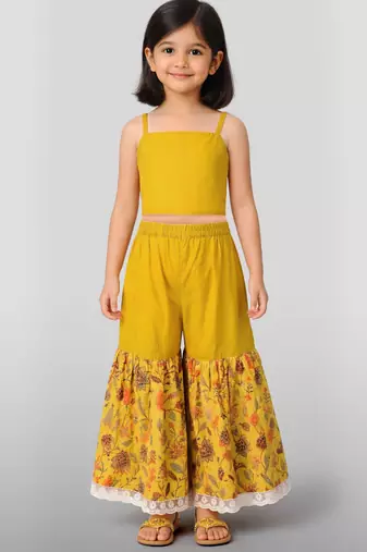 Girls yellow cotton schiffli digital floral blouse jacket with sharara set