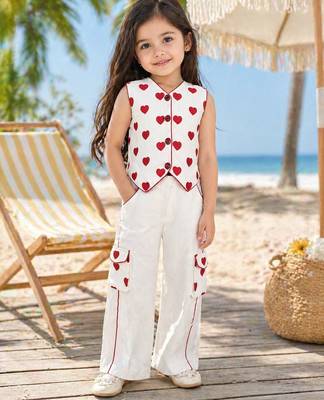 Girls red cotton thread embroidered clothing set with cargo pant 1