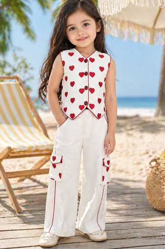 Girls red cotton thread embroidered clothing set with cargo pant