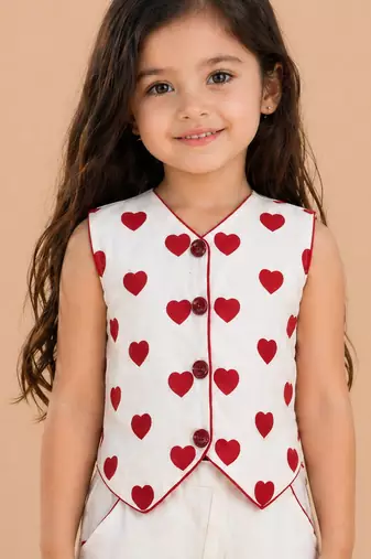Girls red cotton thread embroidered clothing set with cargo pant