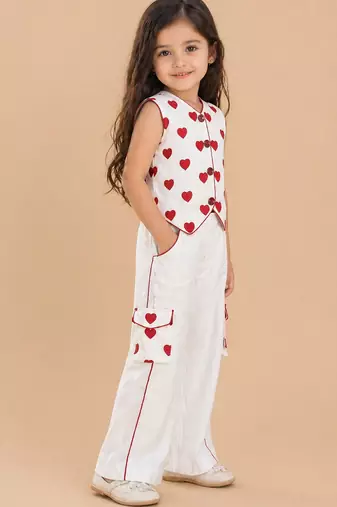 Girls red cotton thread embroidered clothing set with cargo pant