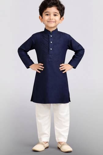 Boys navy blue volvo cotton solid kurta pyjama set