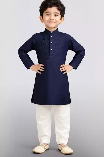 Boys navy blue volvo cotton solid kurta pyjama set