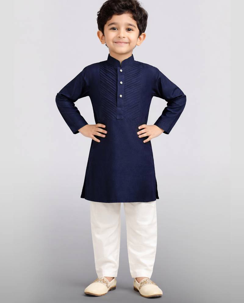 Boys navy blue volvo cotton solid kurta pyjama set