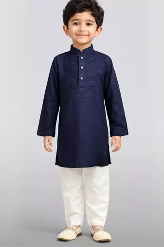 Boys navy blue volvo cotton solid kurta pyjama set