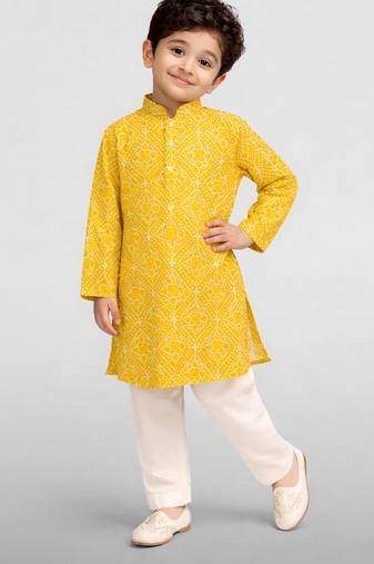 Boys yellow cotton cambric bandhani screen print kurta pyjama set