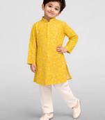 Boys yellow cotton cambric bandhani screen print kurta pyjama set