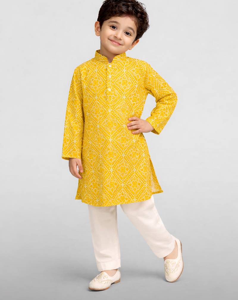 Boys yellow cotton cambric bandhani screen print kurta pyjama set