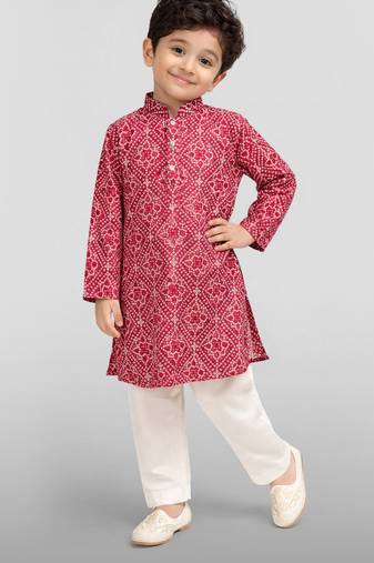 Boys red cotton cambric bandhani screen print kurta pyjama set