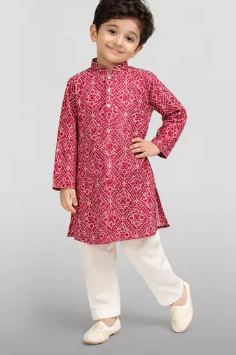 Boys red cotton cambric bandhani screen print kurta pyjama set