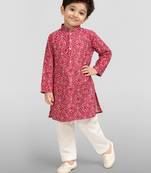 Boys red cotton cambric bandhani screen print kurta pyjama set