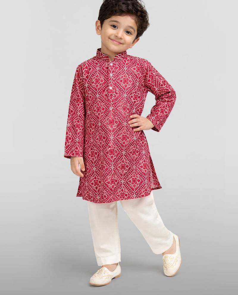 Boys red cotton cambric bandhani screen print kurta pyjama set
