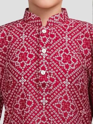 Boys red cotton cambric bandhani screen print kurta pyjama set 2