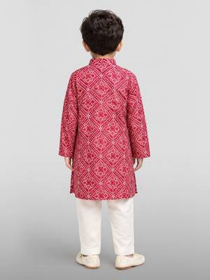 Boys red cotton cambric bandhani screen print kurta pyjama set 4