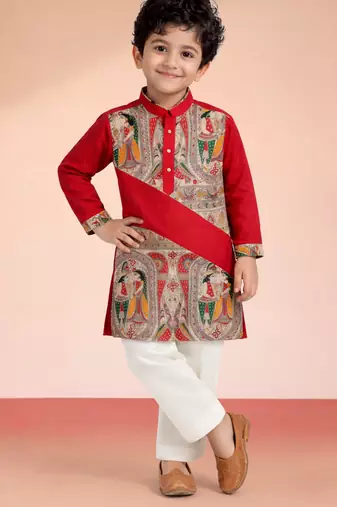 Boys red cotton digital print kurta & pyjama set