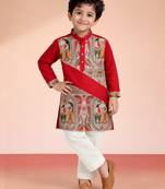 Boys red cotton digital print kurta & pyjama set